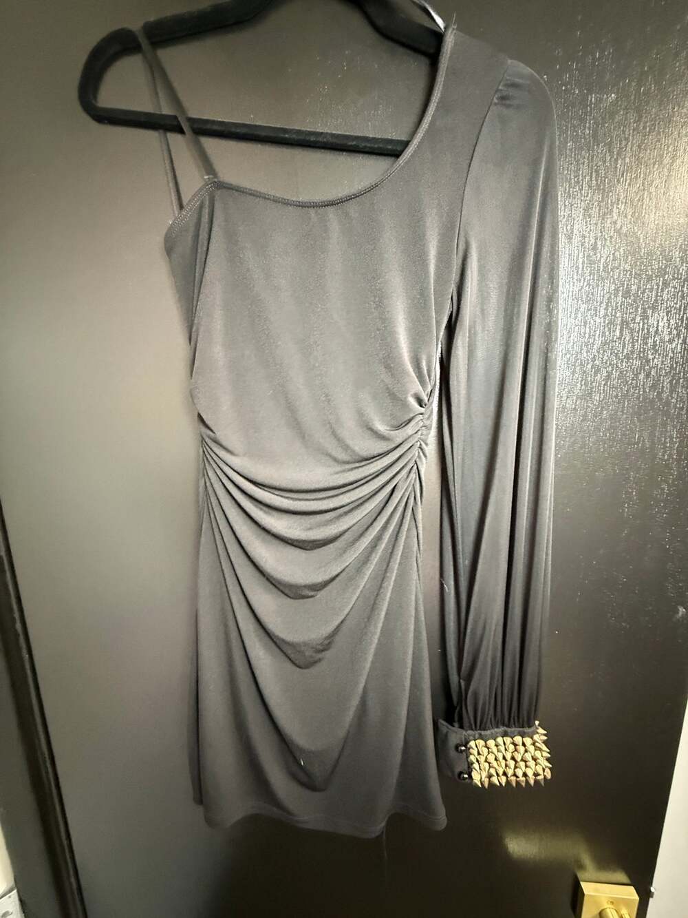 Appellize Doll Black One Shoulder Mini Dress M Gold Studded Cuff Y2K Party